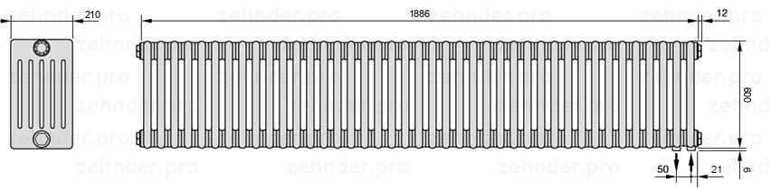Схема (чертеж) Радиатор Zehnder Charleston 6060/41 №5510 Белый глянцевый RAL 9016